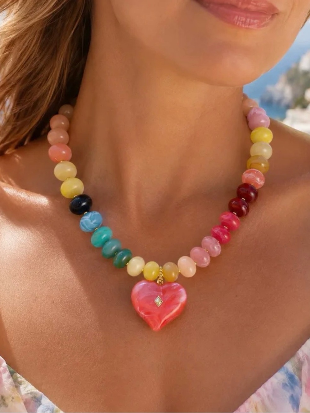 Rainbow Beaded Necklace with Pink Heart Pendant - Picture 4 of 7